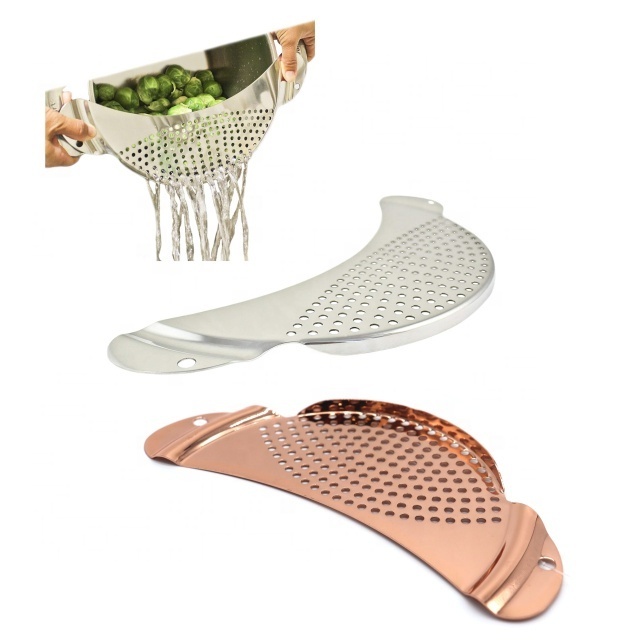 Rose Gold Stainless Steel Pan Grips Food Sieve Strainer Colander with Recessed Handle Easy Draining of Foods