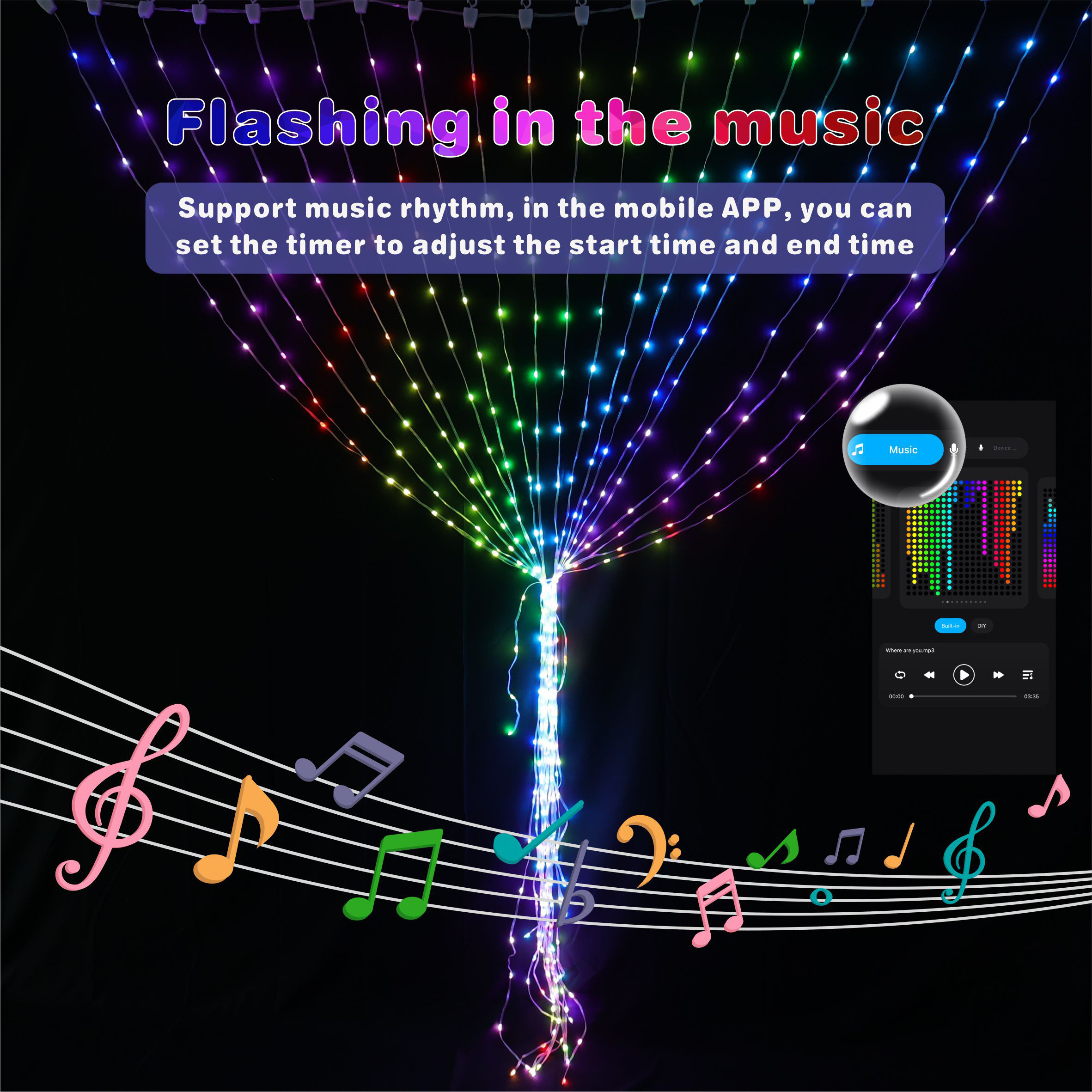 Multiple Modes  Holiday Decoration Fairy Curtain String Lights Smart App Control LED RGB Smart Curtain Lights