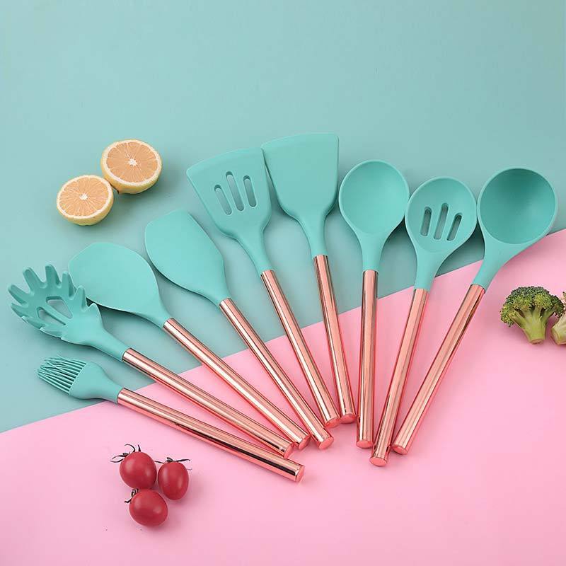 10-Piece Kitchen Supplies Set Rose Gold Stainless Steel Handle Silicone Resistant Cooking Tools Home Kitchen Food Utensils Pots