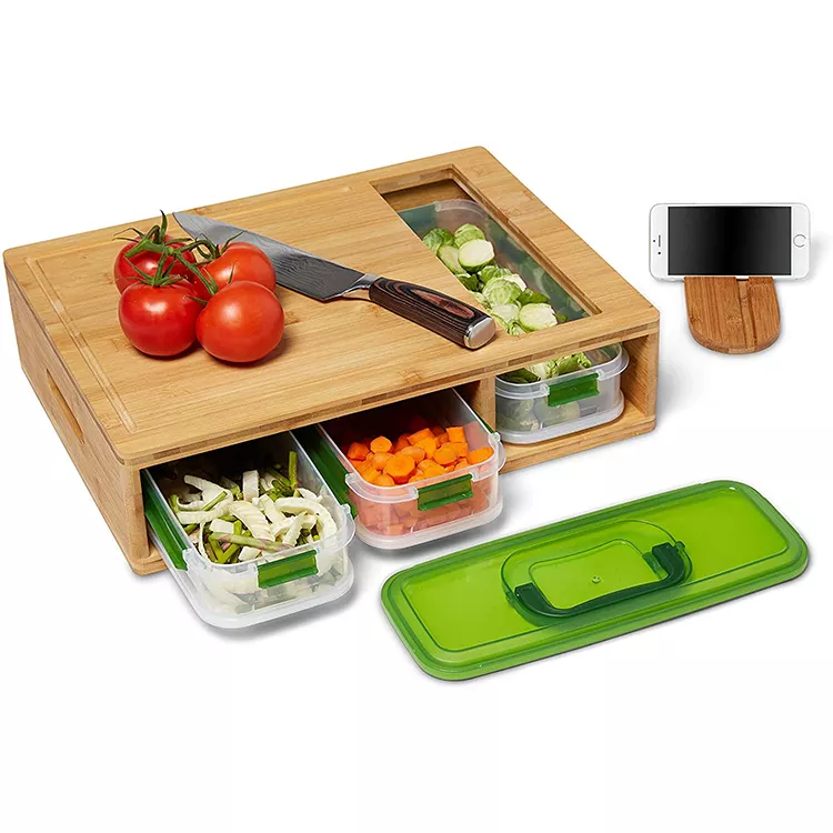 Multifunctional Large Bamboo Cutting Board with 3 Drawers Rectangle Chopping Blocks for Food Durable Kitchenware Storage Tray