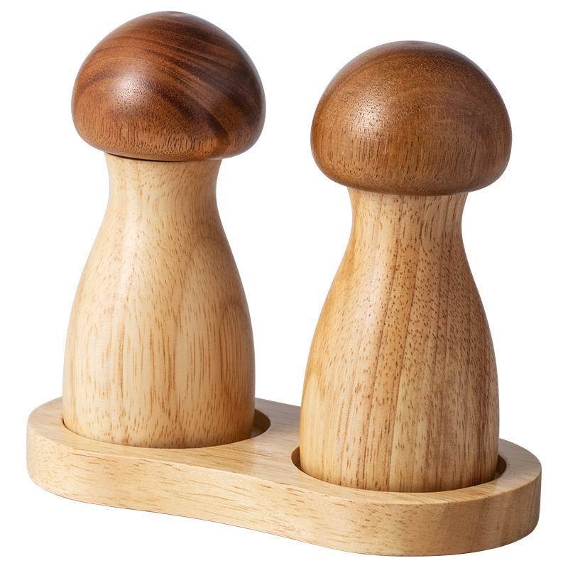 Creative Mushroom Wood Pepper Grinder Sea Salt Black Pepper Grinding Bottle Base Set Kitchen Spice Mill Wooden Salt Shaker