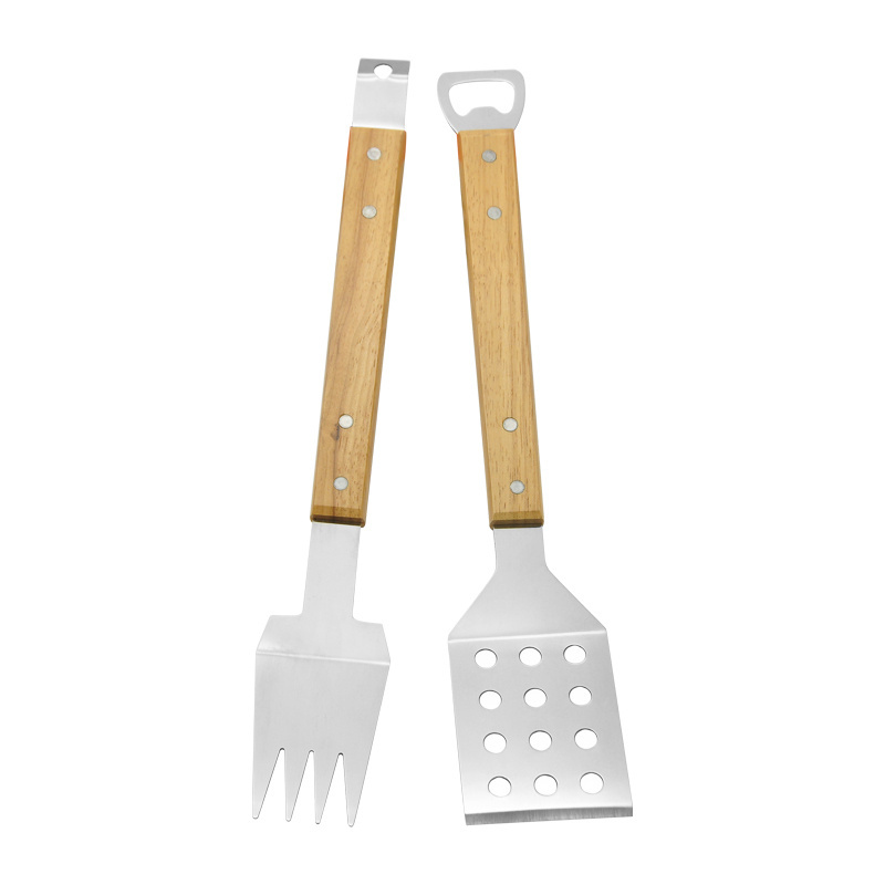 MEIJI 2Pcs Barbecue Set Stainless Steel Spatula And Fork With Wooden Handel Grill BBQ Tools