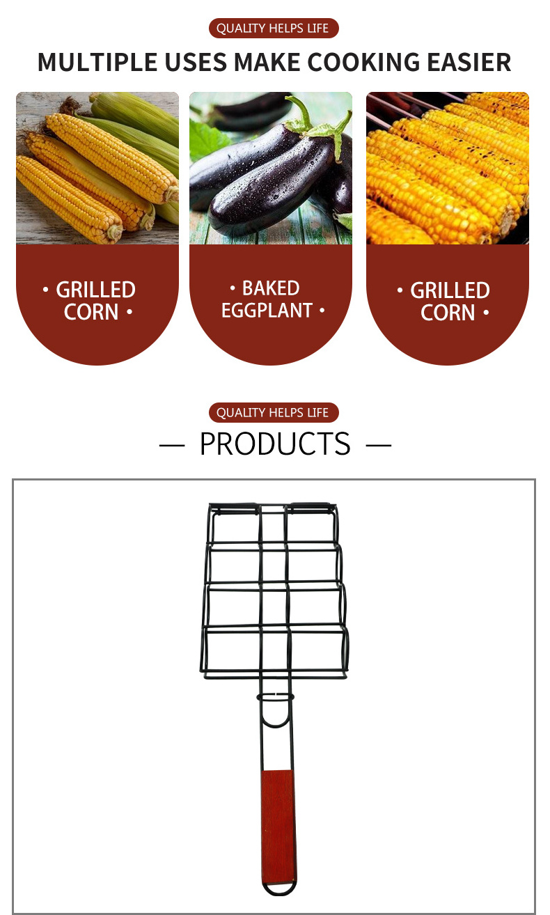 Non Stick Coating Corn BBQ Outdoor Grilling Basket With Wood Handle