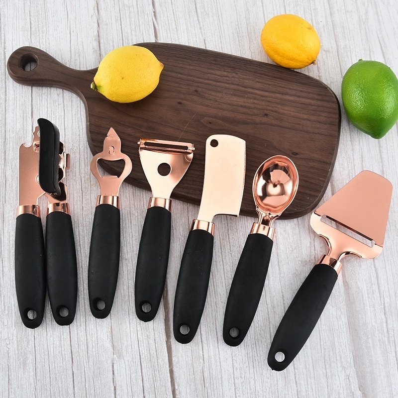 7 Pcs Kitchen Fancy Smart Gadget Set Copper Coated Stainless Steel  Utensils with Soft Touch black Handles Kitchen Gadget