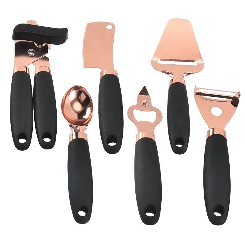 7 Pcs Kitchen Fancy Smart Gadget Set Copper Coated Stainless Steel  Utensils with Soft Touch black Handles Kitchen Gadget