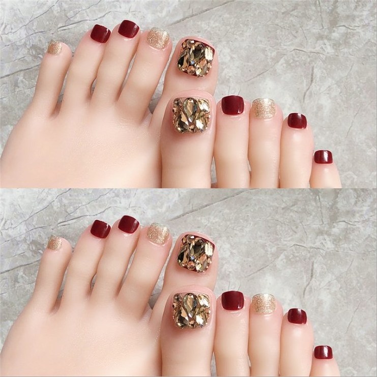 OEM Private Label New Toes False Nails 24s/box 3D Red Designs Foot Nail Tips Press On Nails With Rhinestone Gem Toenails