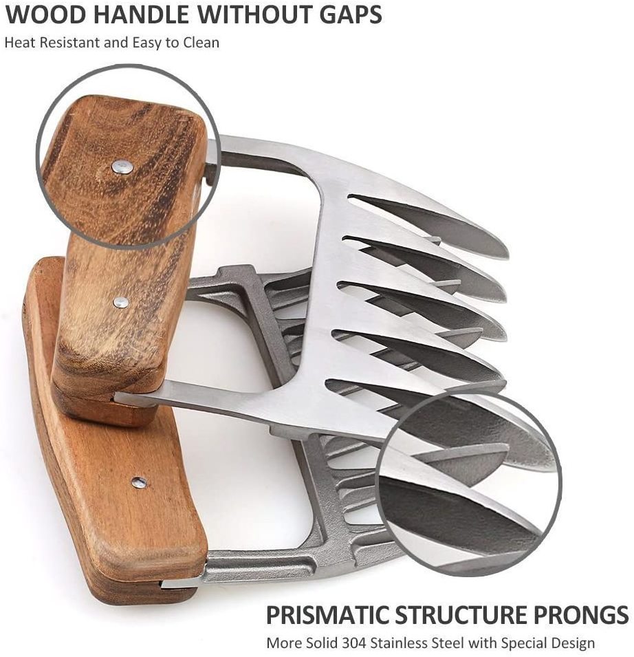 Metal Meat Claws 18/8 Stainless Steel Meat Forks with Wooden Handle for Serving Pork, Turkey, Chicken, Brisket