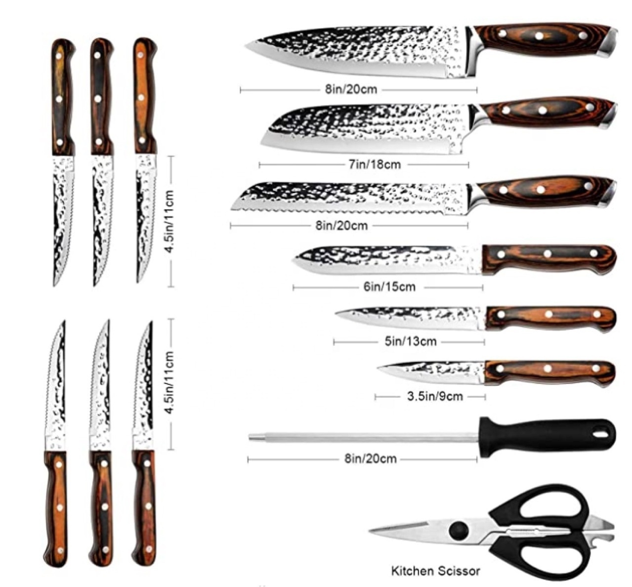 15 Piece High Quality Wooden Handle Meat Knife Set Stainless Steel Forged Block Knife Set With Manual Knife Sharpener Tool