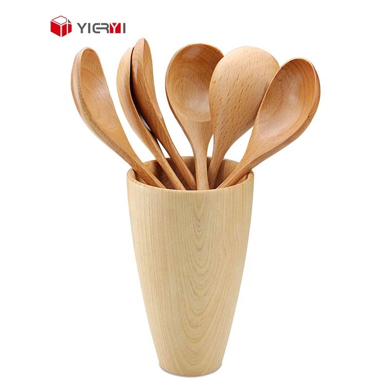 6PCS Beech Wood Spoon Set Wooden Cooking Spoon Set Customized Utencil Set Natural Wood Food Safe Spoon with Non-Slip Handle