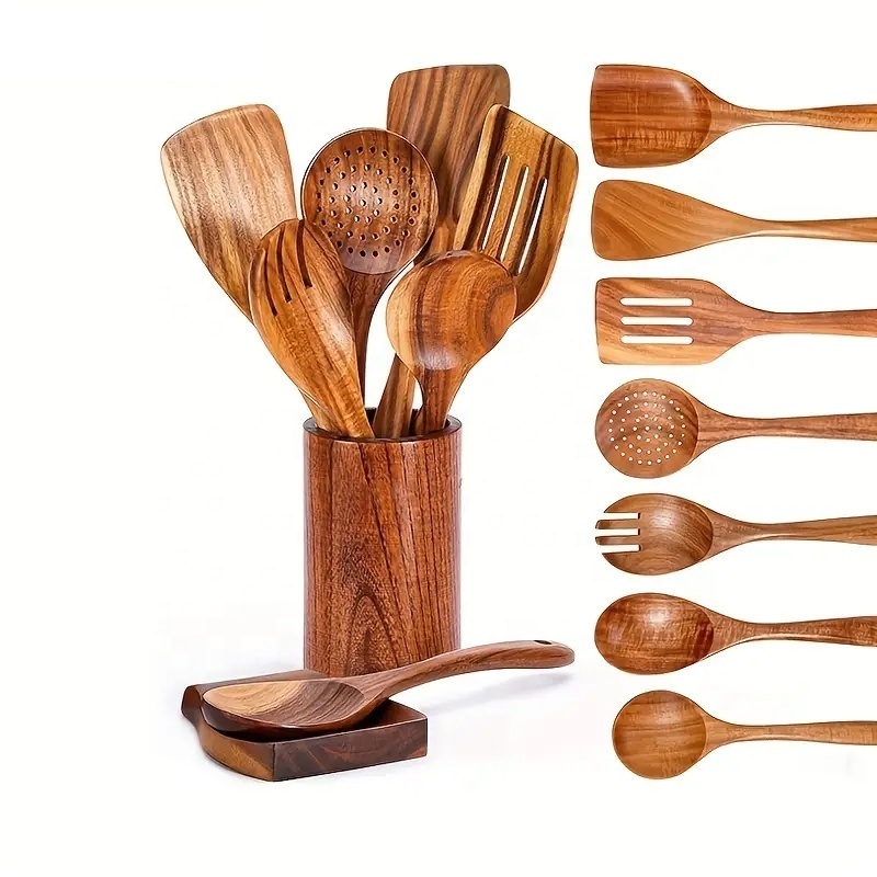 Kitchen Essentials Wood Cooking Utensils Set Wooden Spoons Sets for Cooking Apartment Non-Stick Kitchen Spoons Tool