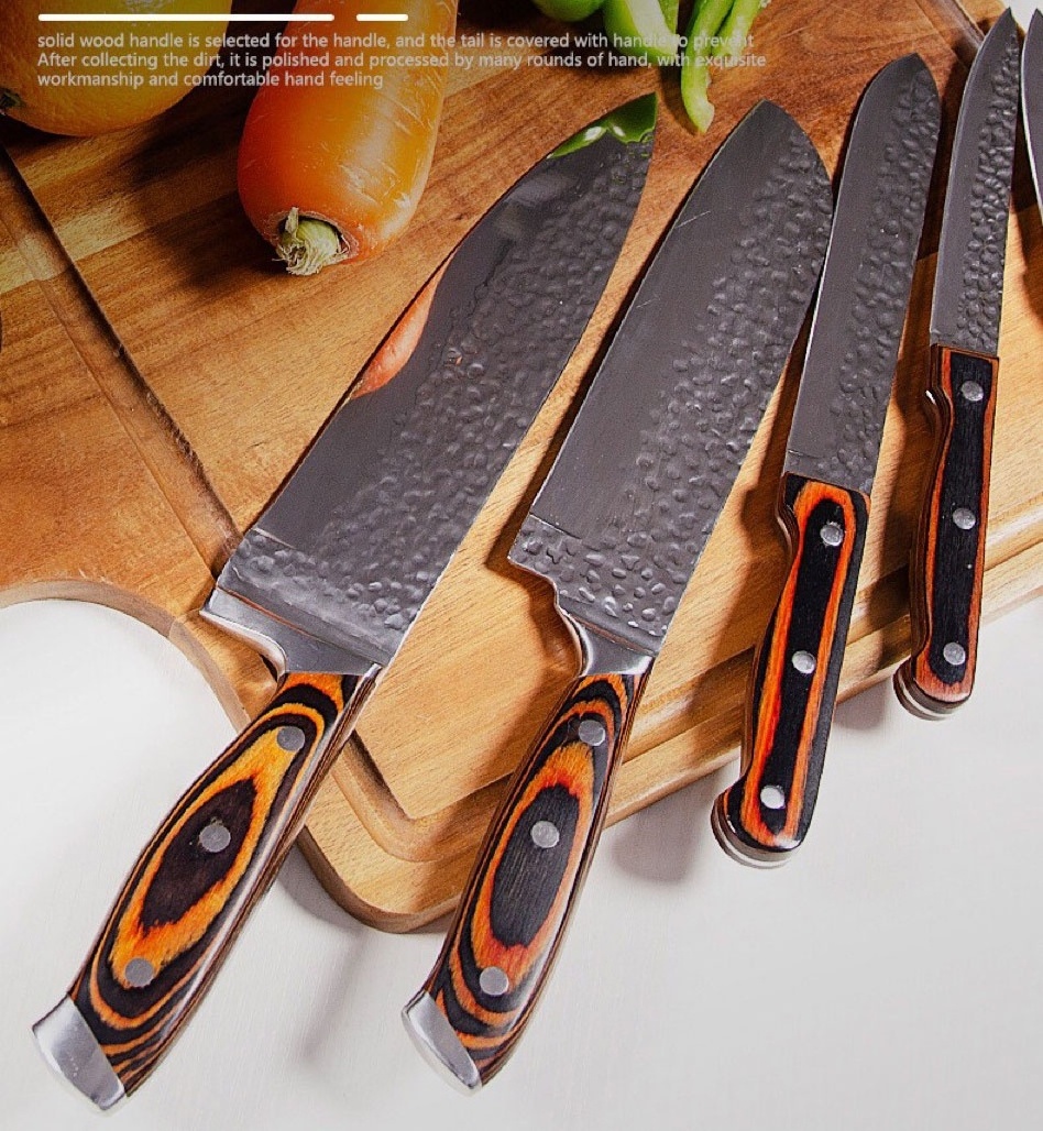 15 Piece High Quality Wooden Handle Meat Knife Set Stainless Steel Forged Block Knife Set With Manual Knife Sharpener Tool