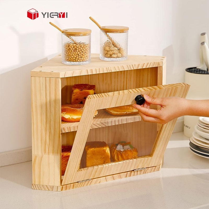 Double Layer Wooden Bread Box Container Pine Bread Storage for Kitchen Use with Chopping Blocks