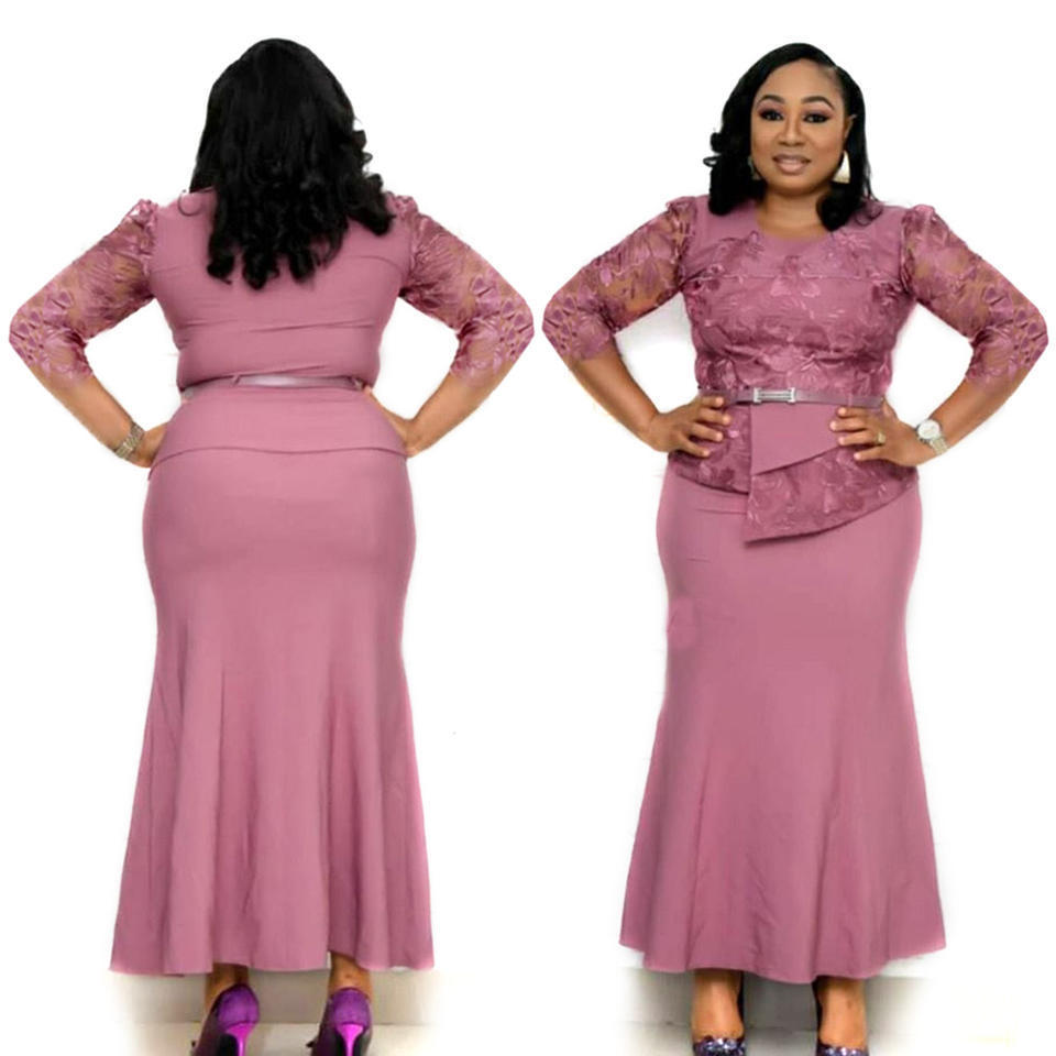 African Women Plus Size Formal Office Ladies Lace Coat and Dress With Belt