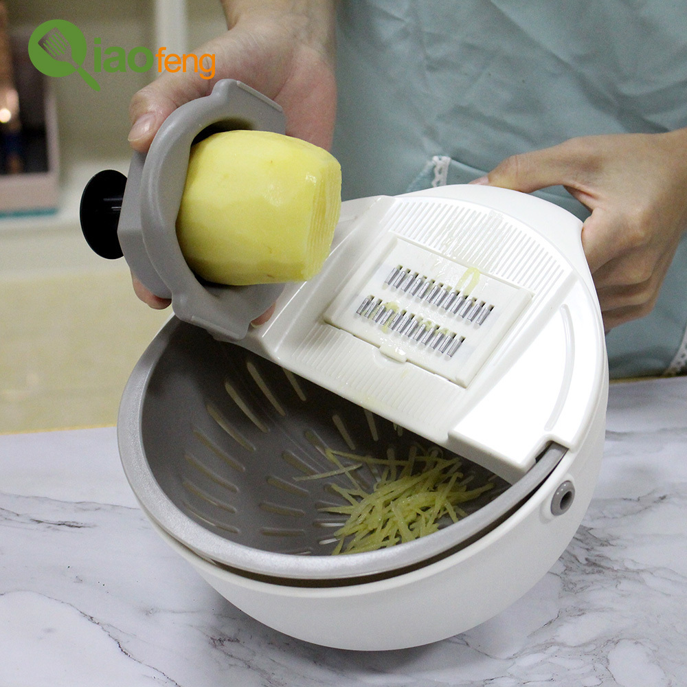 Multifunction Rotate Vegetable Cutter with Drain Basket Vegetables Chopper Veggie Shredder Kitchen Grater with 4 Dicing Blades