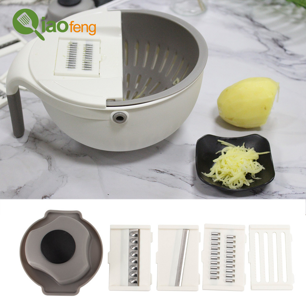 Multifunction Rotate Vegetable Cutter with Drain Basket Vegetables Chopper Veggie Shredder Kitchen Grater with 4 Dicing Blades