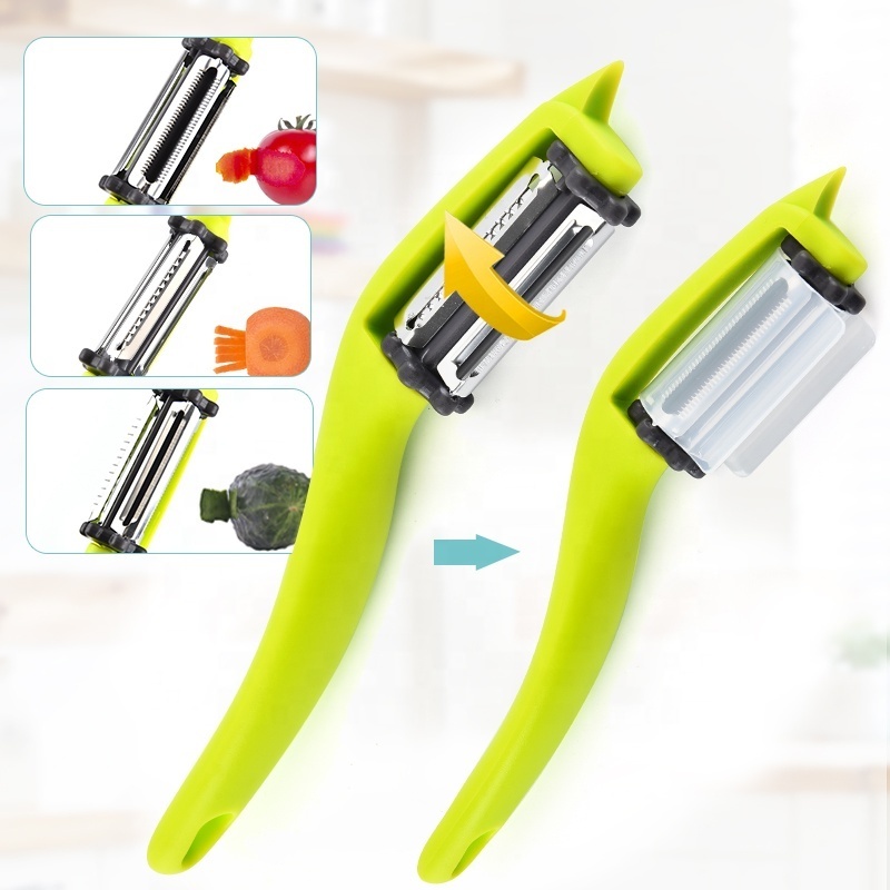 Wholesale 3 in 1 multifunctional green eco kitchen stainless steel vegetable mango julienne kitchen peeler slicer