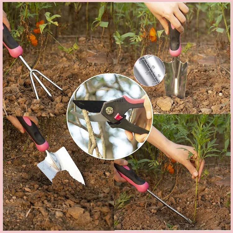 Wholesale Fashion Design Stainless Steel Professional Garden Tool Set with Tote Pink Bag