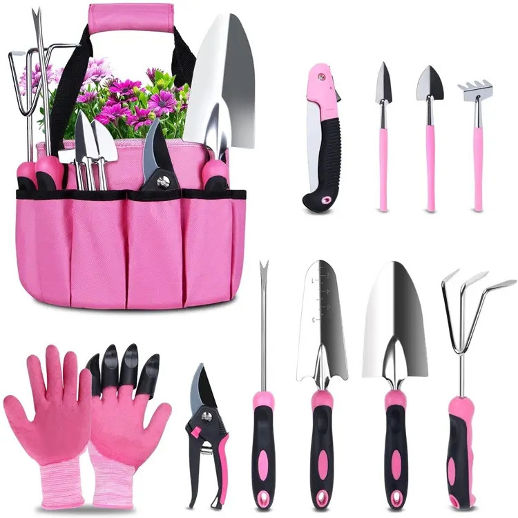 Wholesale Fashion Design Stainless Steel Professional Garden Tool Set with Tote Pink Bag