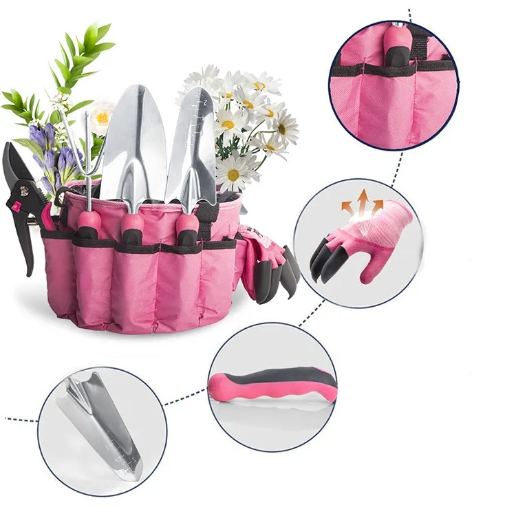 Wholesale Fashion Design Stainless Steel Professional Garden Tool Set with Tote Pink Bag