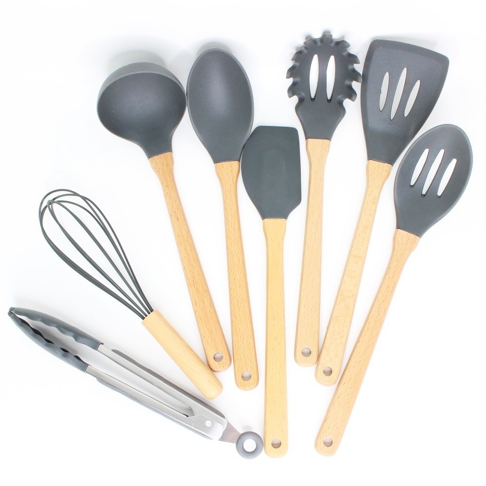 wholesale Eco-friendly Good Quality Kitchen Accessory Silicone and Wood Kitchen Utensil 8 Pieces