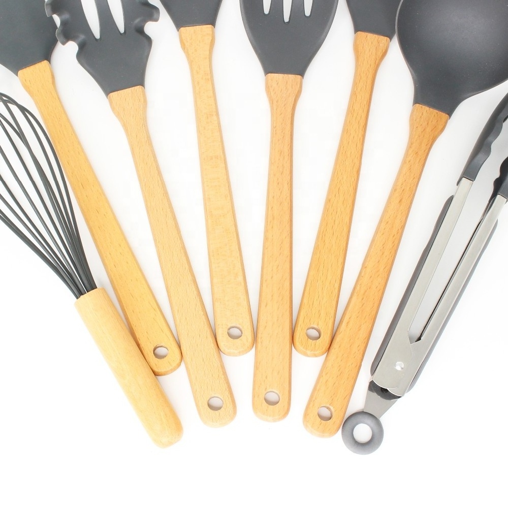 wholesale Eco-friendly Good Quality Kitchen Accessory Silicone and Wood Kitchen Utensil 8 Pieces