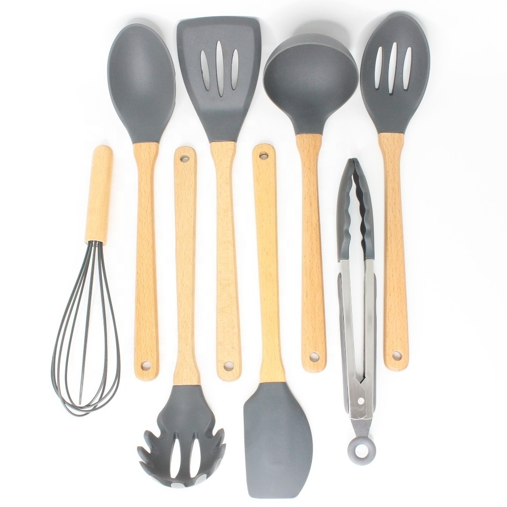 wholesale Eco-friendly Good Quality Kitchen Accessory Silicone and Wood Kitchen Utensil 8 Pieces