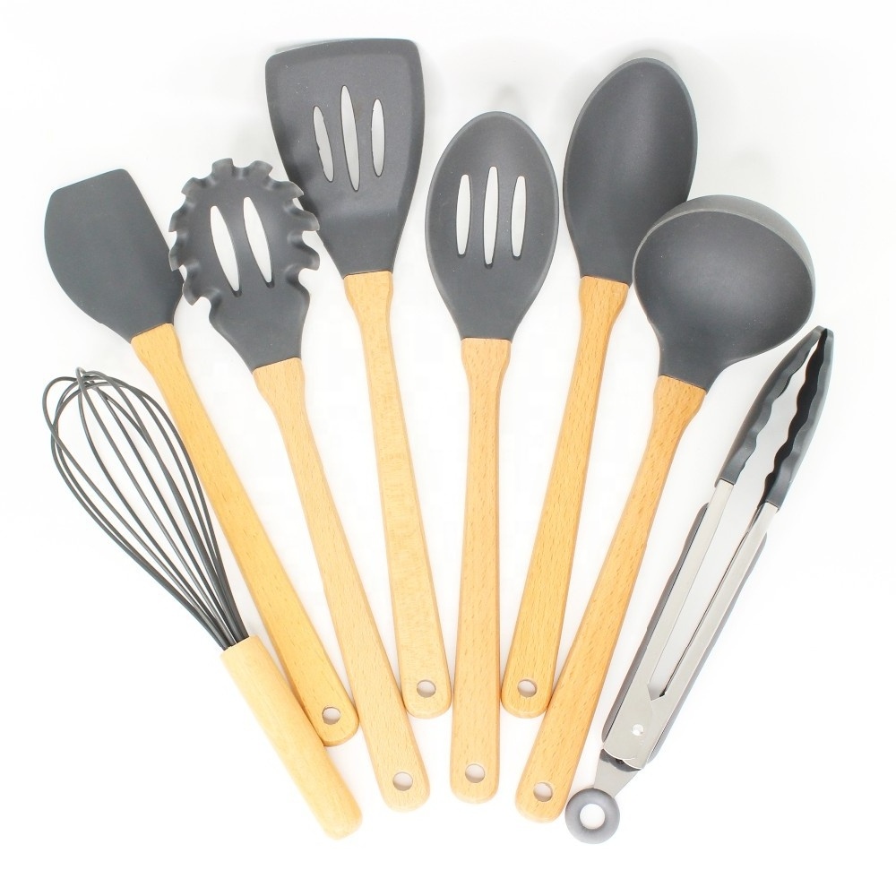 wholesale Eco-friendly Good Quality Kitchen Accessory Silicone and Wood Kitchen Utensil 8 Pieces