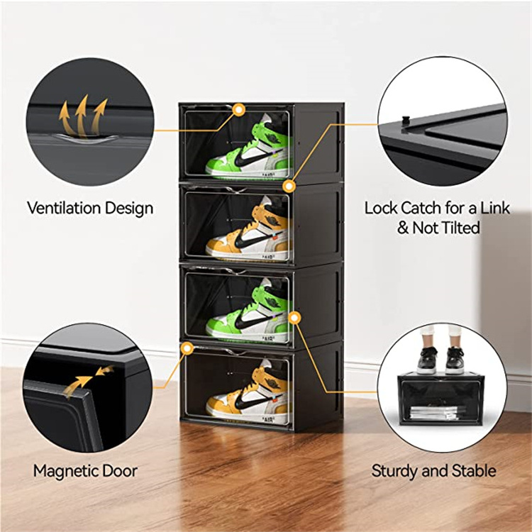 ANJUKE Drop Side Front Shoe Boxes Black Plastic Stackable Large Sneaker Storage Organizer With Lids Shoe Containers