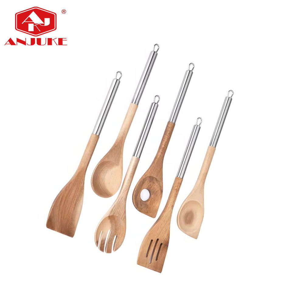 ANJUKE Hot Sale Wooden Kitchen Accessories 6 Piece Stainless steel Cooking Utensils