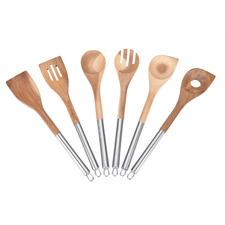 ANJUKE Hot Sale Wooden Kitchen Accessories 6 Piece Stainless steel Cooking Utensils