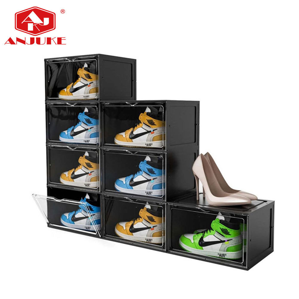 ANJUKE Drop Side Front Shoe Boxes Black Plastic Stackable Large Sneaker Storage Organizer With Lids Shoe Containers