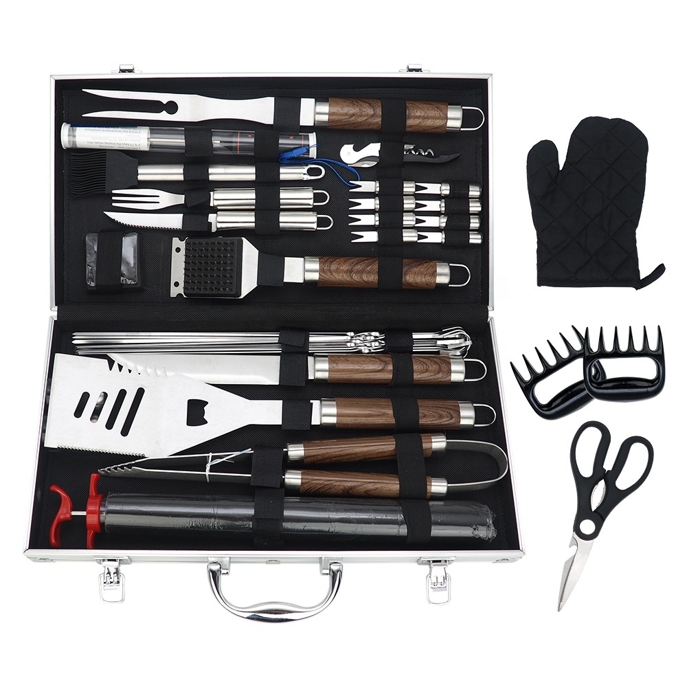 38Pieces Deluxe Wooden Color Stainless Steel Handle Gas Tools Set Barbecue Accessories BBQ Grills Outdoor With Aluminium Case