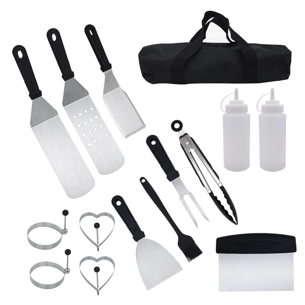 Grill Griddle Accessories Kit 15 Pcs Heavy Duty Stainless Steel Griddle Scraper &Teppanyaki Spatula And Fork Barbecue Grilling