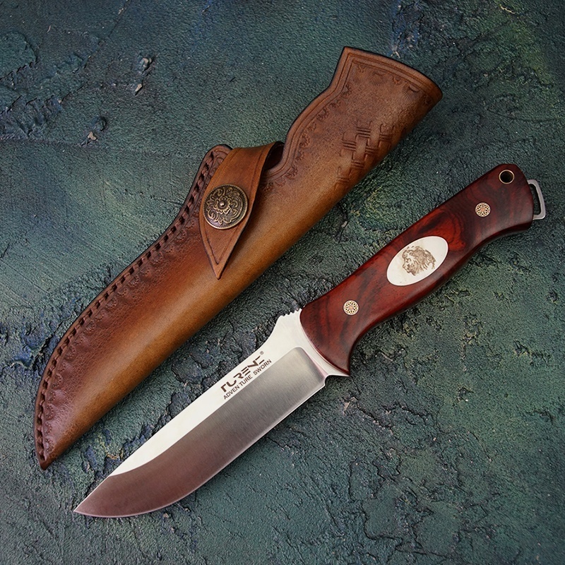 Rosewood wood Handle Full Tang Survival Outdoor Hunting and Dive Fixed Blade Knife with Leather Sheath