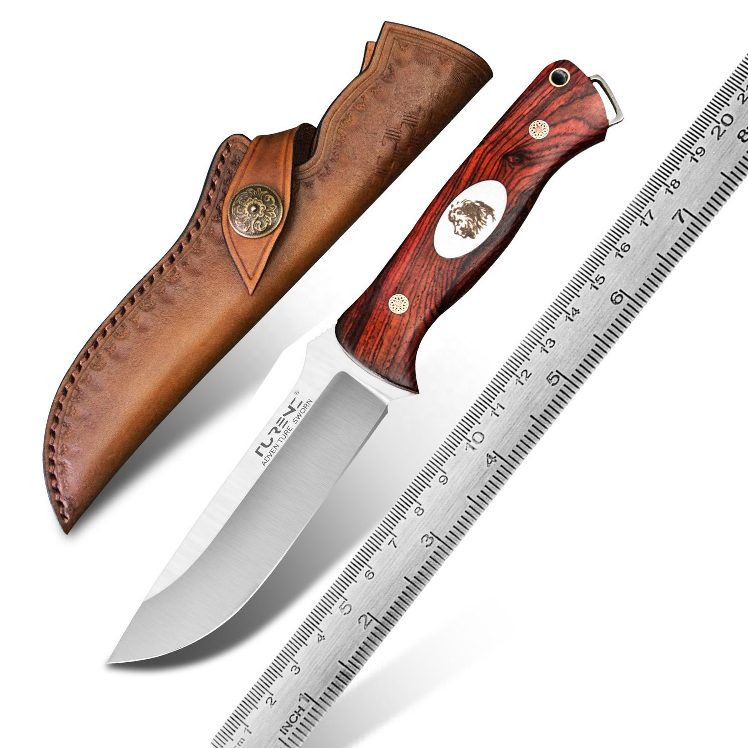 Rosewood wood Handle Full Tang Survival Outdoor Hunting and Dive Fixed Blade Knife with Leather Sheath