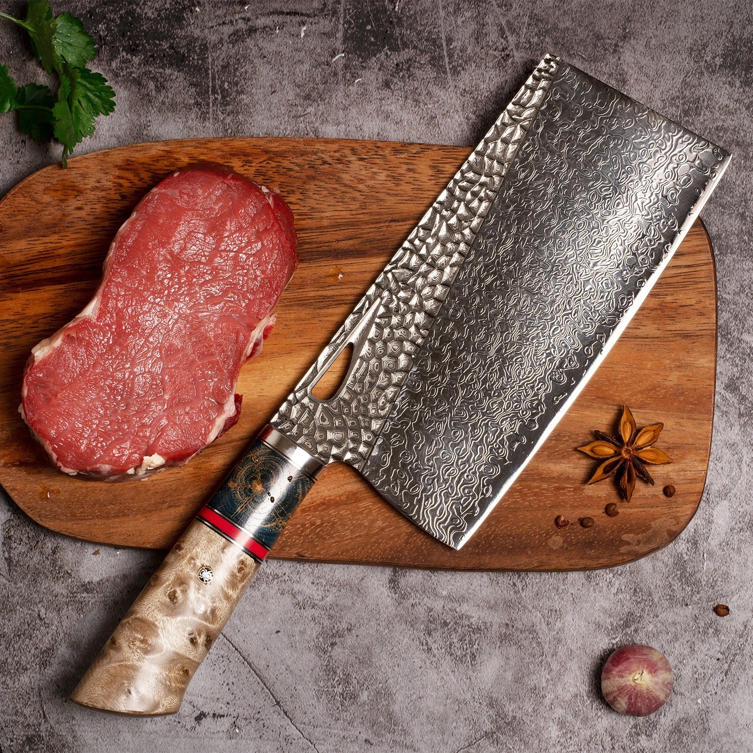 Professional High Quality Hot Damascus Steel Chef Kitchen Cleaver Chopper Knife with Wood Handle