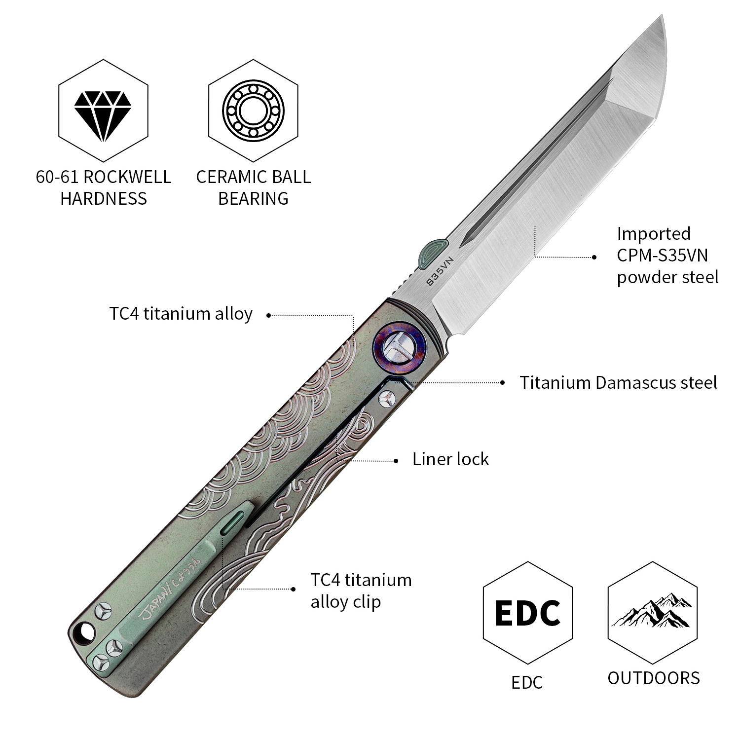 Japanese laser engraving knives outdoor sharp Titanium plating stone washing multipurpose folding Pocket knife