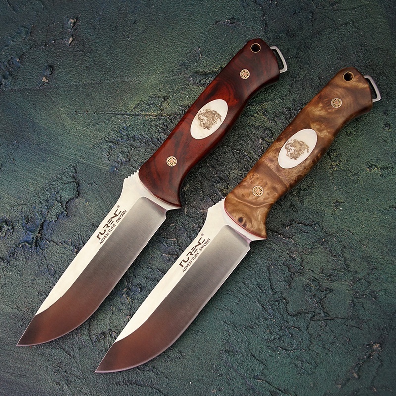 Rosewood wood Handle Full Tang Survival Outdoor Hunting and Dive Fixed Blade Knife with Leather Sheath