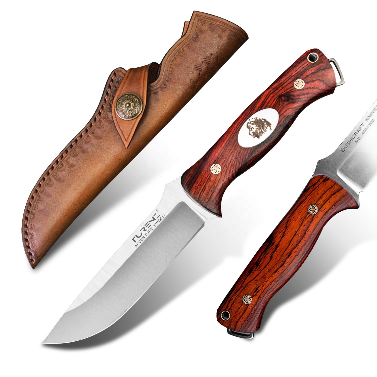 Rosewood wood Handle Full Tang Survival Outdoor Hunting and Dive Fixed Blade Knife with Leather Sheath