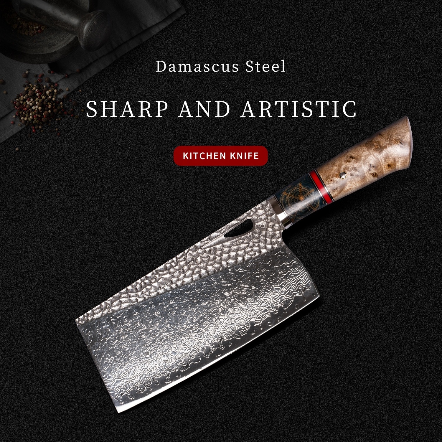 Professional High Quality Hot Damascus Steel Chef Kitchen Cleaver Chopper Knife with Wood Handle