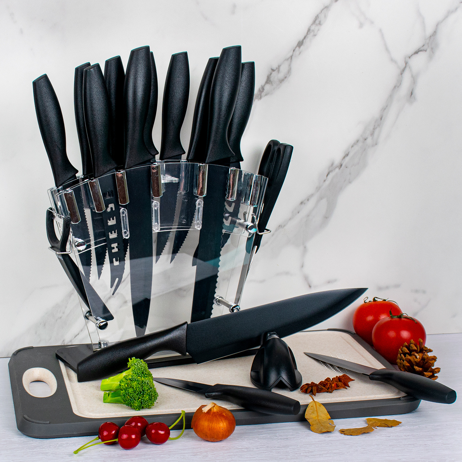 Hotsale 17 Piece Stainless Steel Colorful Knife Set with Knife Sharpener Black Kitchen Knife Set