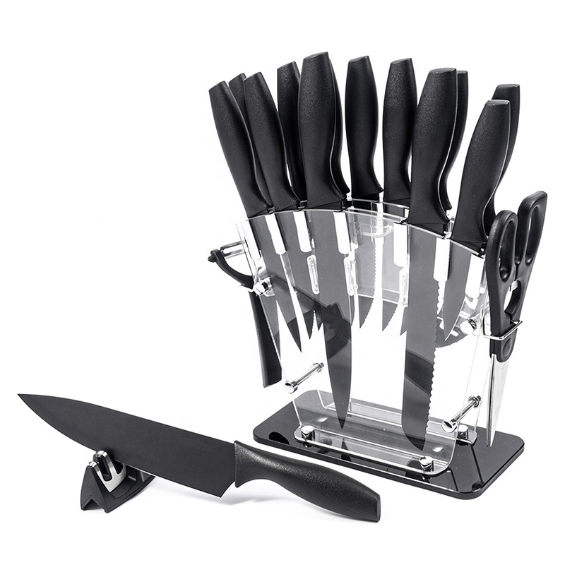 Hotsale 17 Piece Stainless Steel Colorful Knife Set with Knife Sharpener Black Kitchen Knife Set