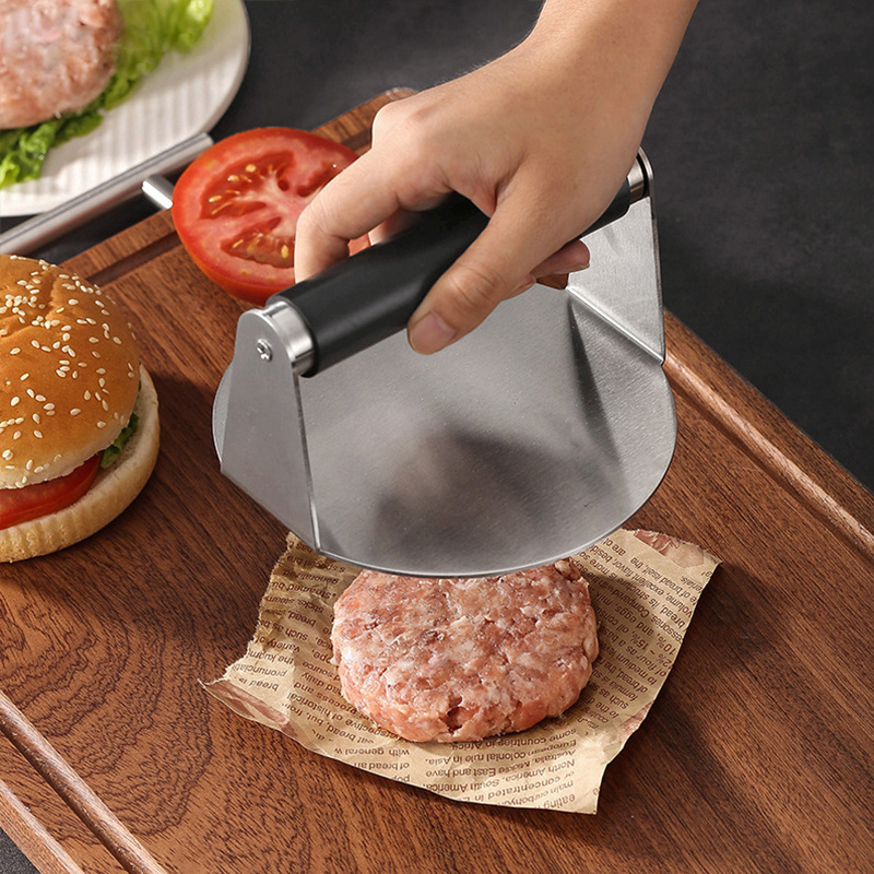 Gadget 2024 New Arrival Round Shape Stainless Steel Hamburger Buger Meat Press With Non-stick Handle For Griddle Accessories