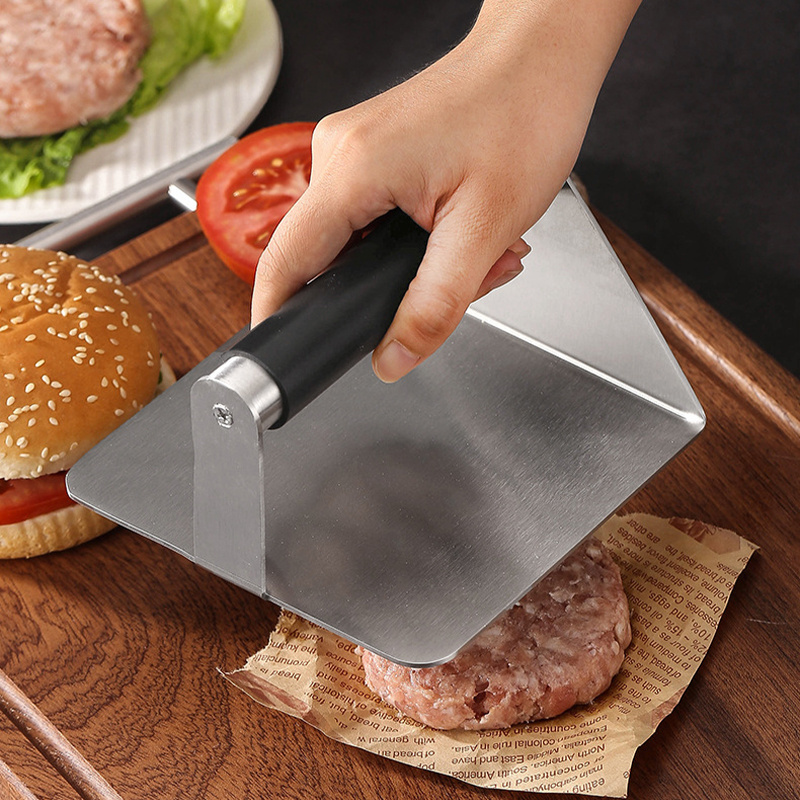 Gadget 2024 New Arrival Round Shape Stainless Steel Hamburger Buger Meat Press With Non-stick Handle For Griddle Accessories