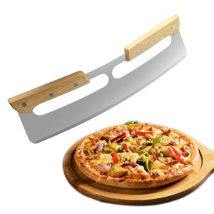 pizza tools Stainless Steel Rocker Pizza Cutter With Double Wood Handles & Cover