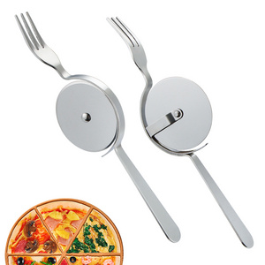 Multi Purpose Stainless Steel Cutting Tool Kitchen Gadget 2 in 1 Pizza Cutter with Fork