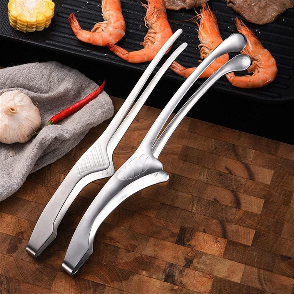 Stainless Steel Grill Tongs Korean Japanese BBQ Kitchen Tool Cooking Utensils Serving Food Tong with Stand Self-Standing