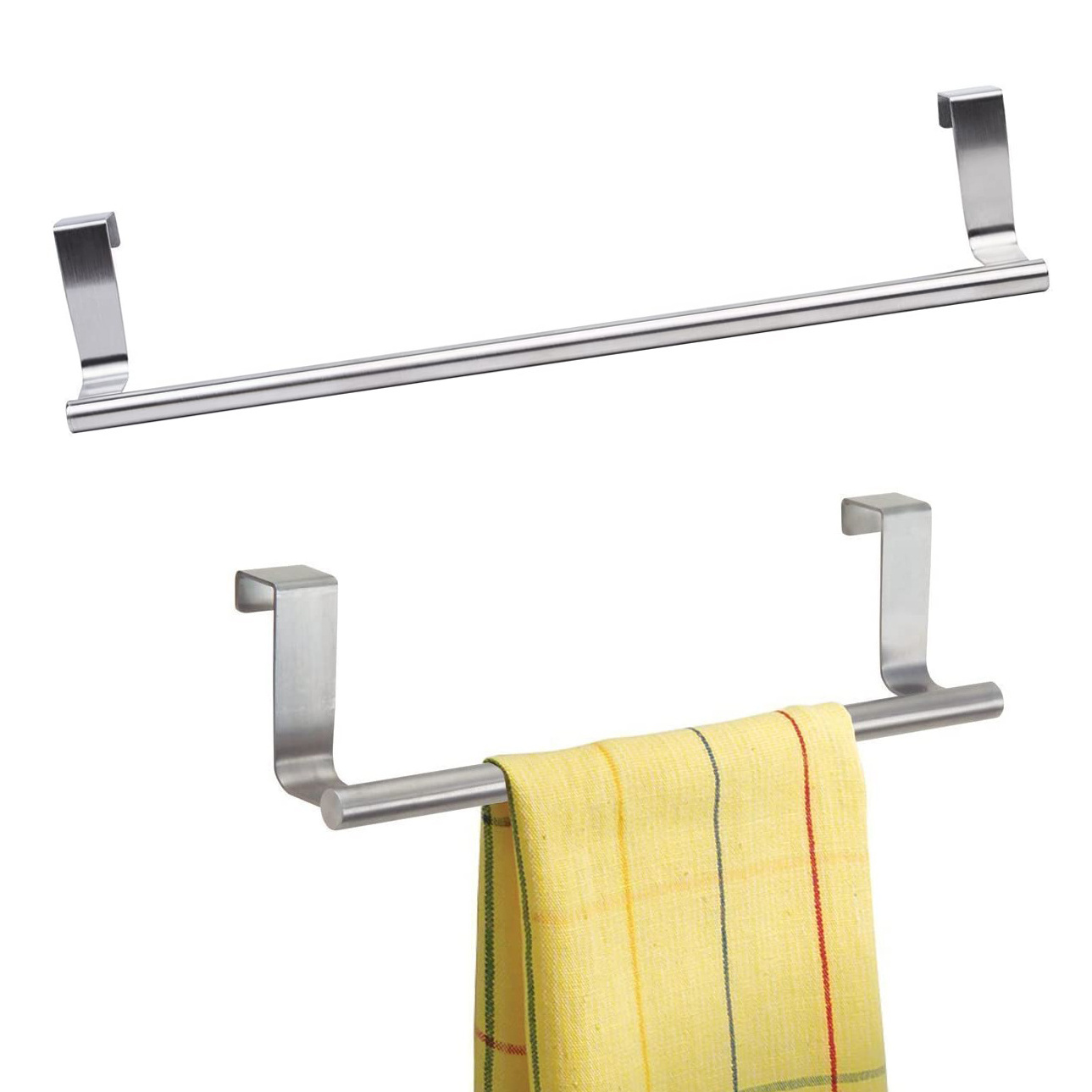 Stainless Steel Towel Bar with Hooks for Bathroom and Kitchen Towel Hanger Over Cabinet Door