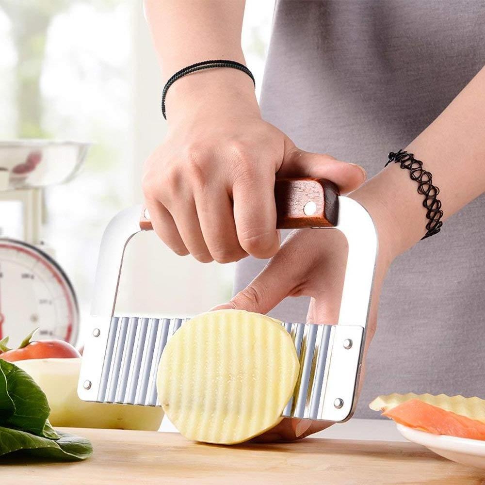 Cutting Tool French Fry Slicer Stainless Steel Wooden Handle Vegetable Salad Chopping Crinkle Cutters Knife