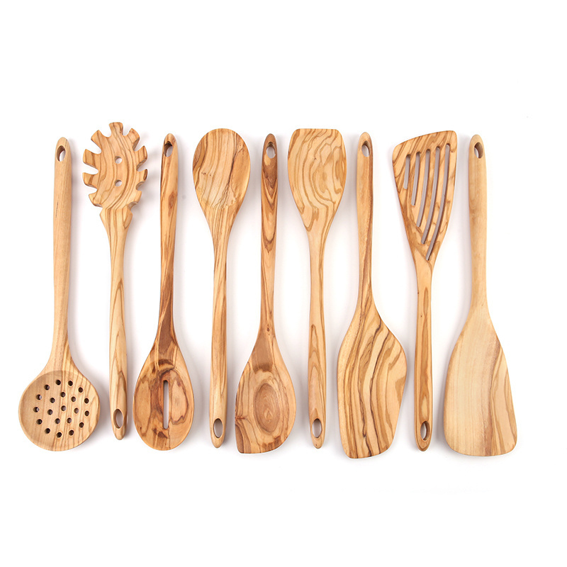 Most Popular Kitchen Accessories Cooking Tools 9 Piece Olive Wood Kitchen Utensils Set with Spatula and Spoon